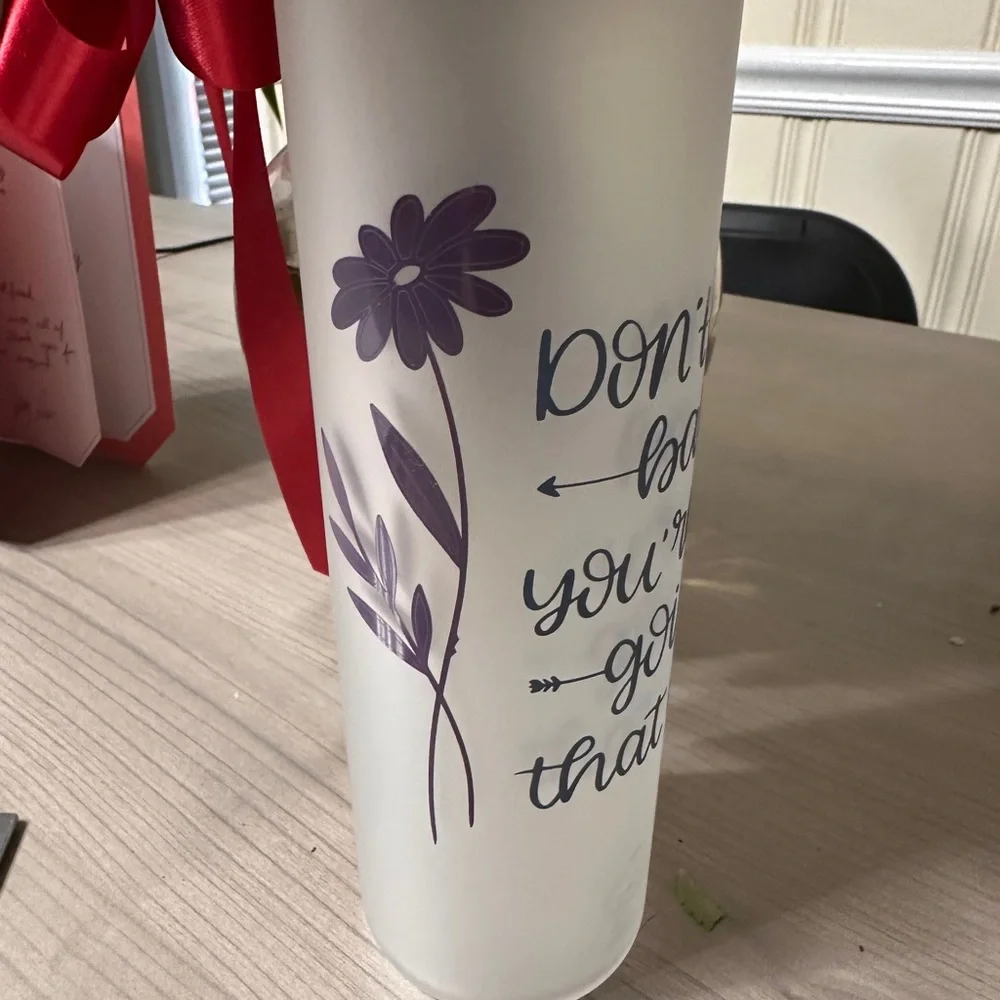 Inspirational Frosted Glass Water Bottle with Purple Design